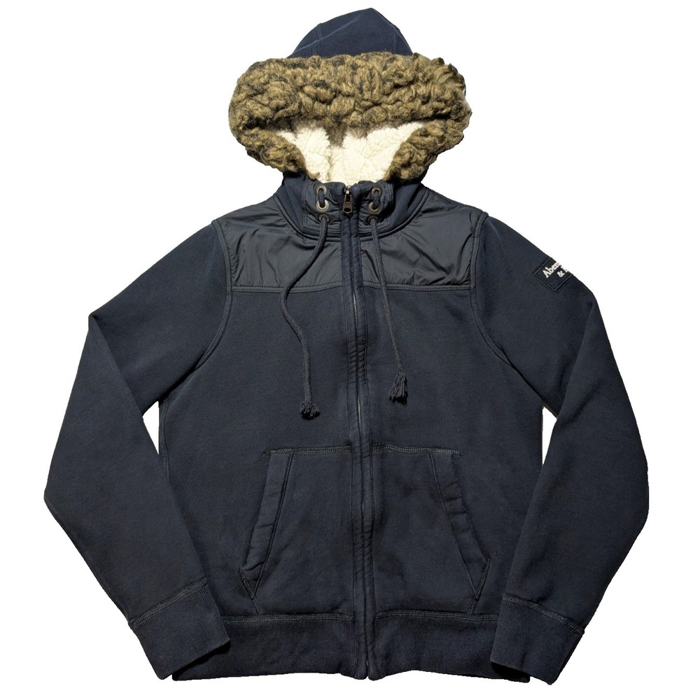 ABERCOMBIE‎ & FITCH Women  XL Blue Faux Fur Double-Zip Heavyweight Hoodie Jacket